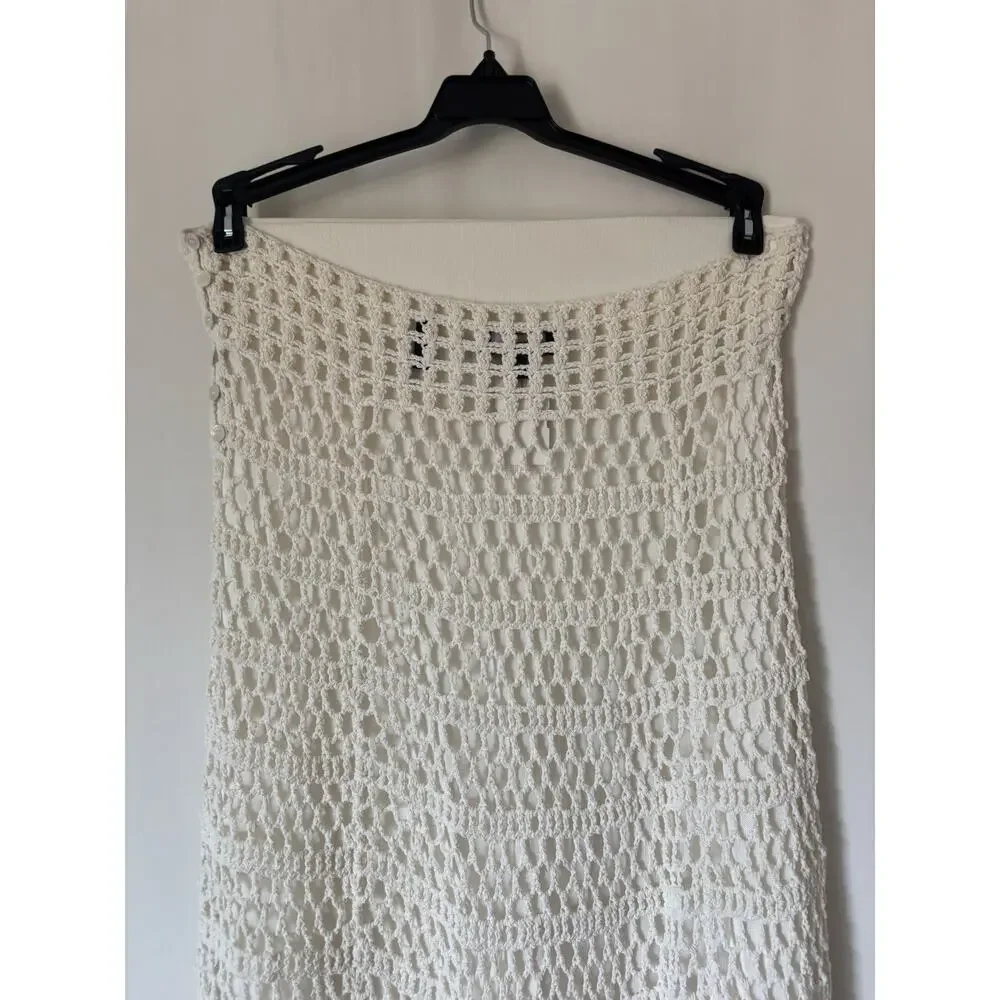 Theory Maxi Skirt Large Crochet Lined Cream Stretch Boho Aline Long